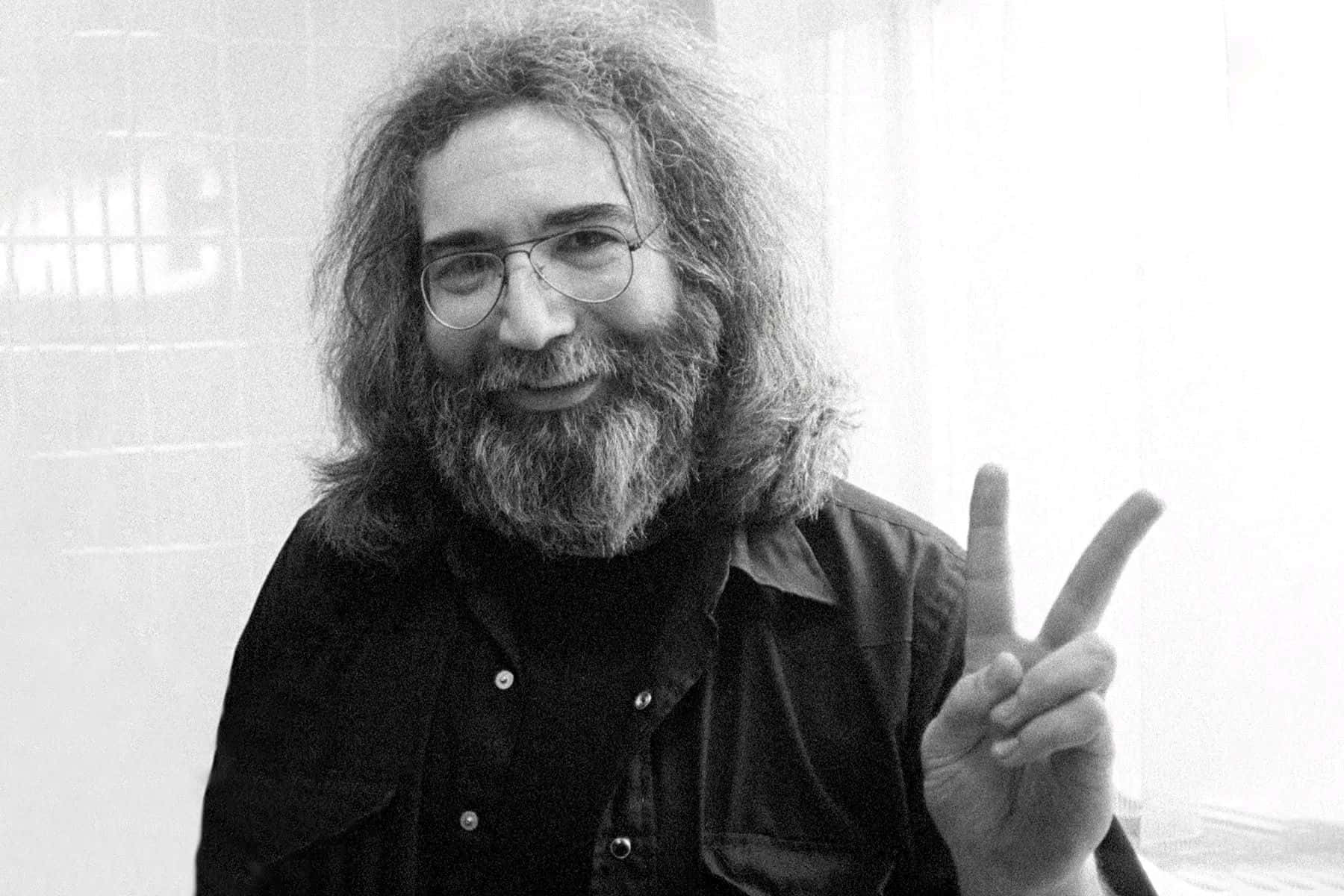Jerry Garcia, peace sign, black and white, HD Desktop Wallpaper