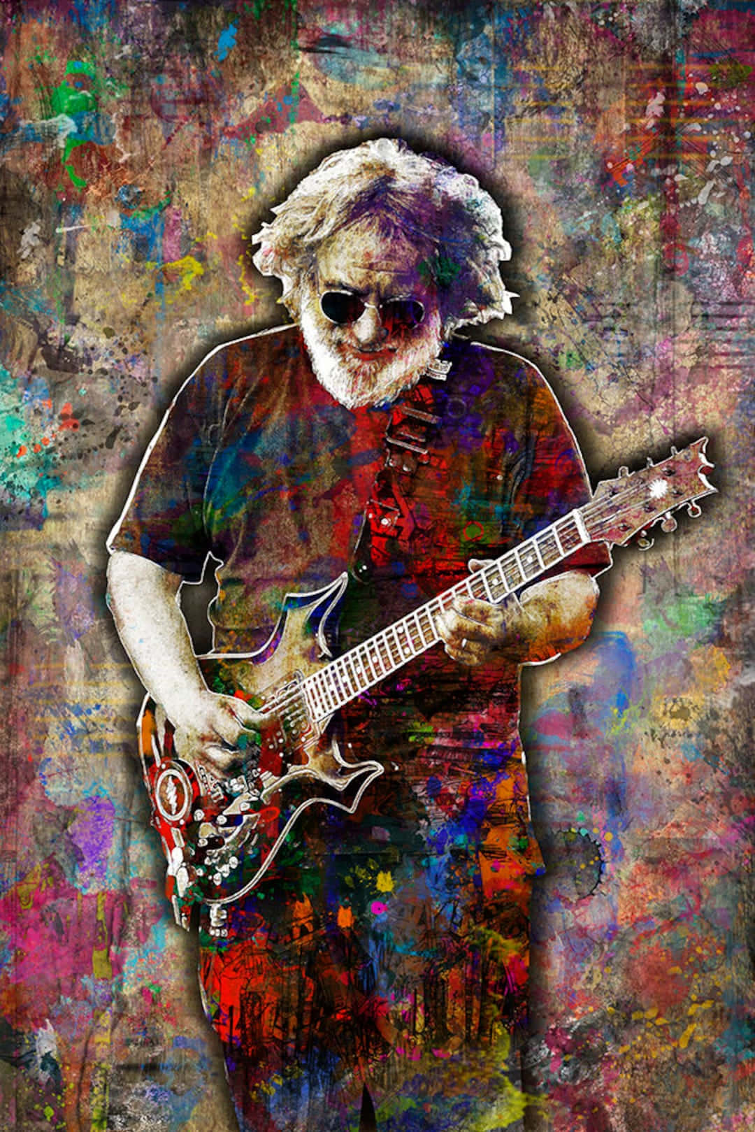 Jerry Garcia, red electric guitar, vibrant abstract paint-splatter background, HD Phone Wallpaper