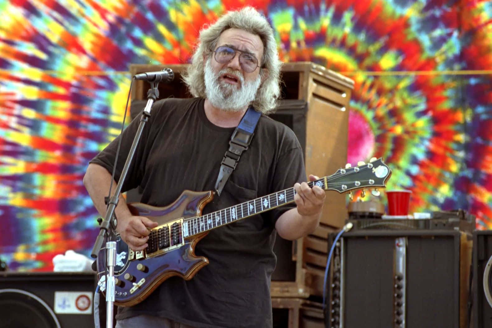 Jerry Garcia, purple electric guitar, vibrant tie-dye backdrop, HD Desktop Wallpaper