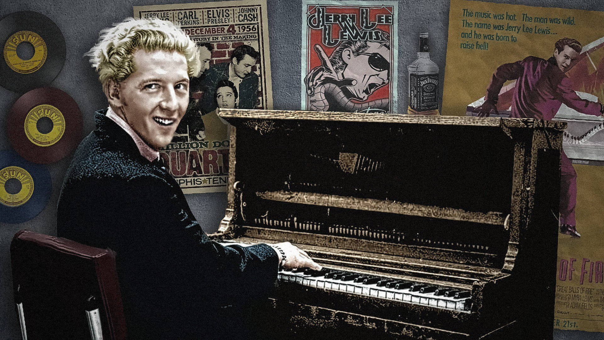 Jerry Lee Lewis, vintage piano, classic rock posters, Full HD Desktop Wallpaper