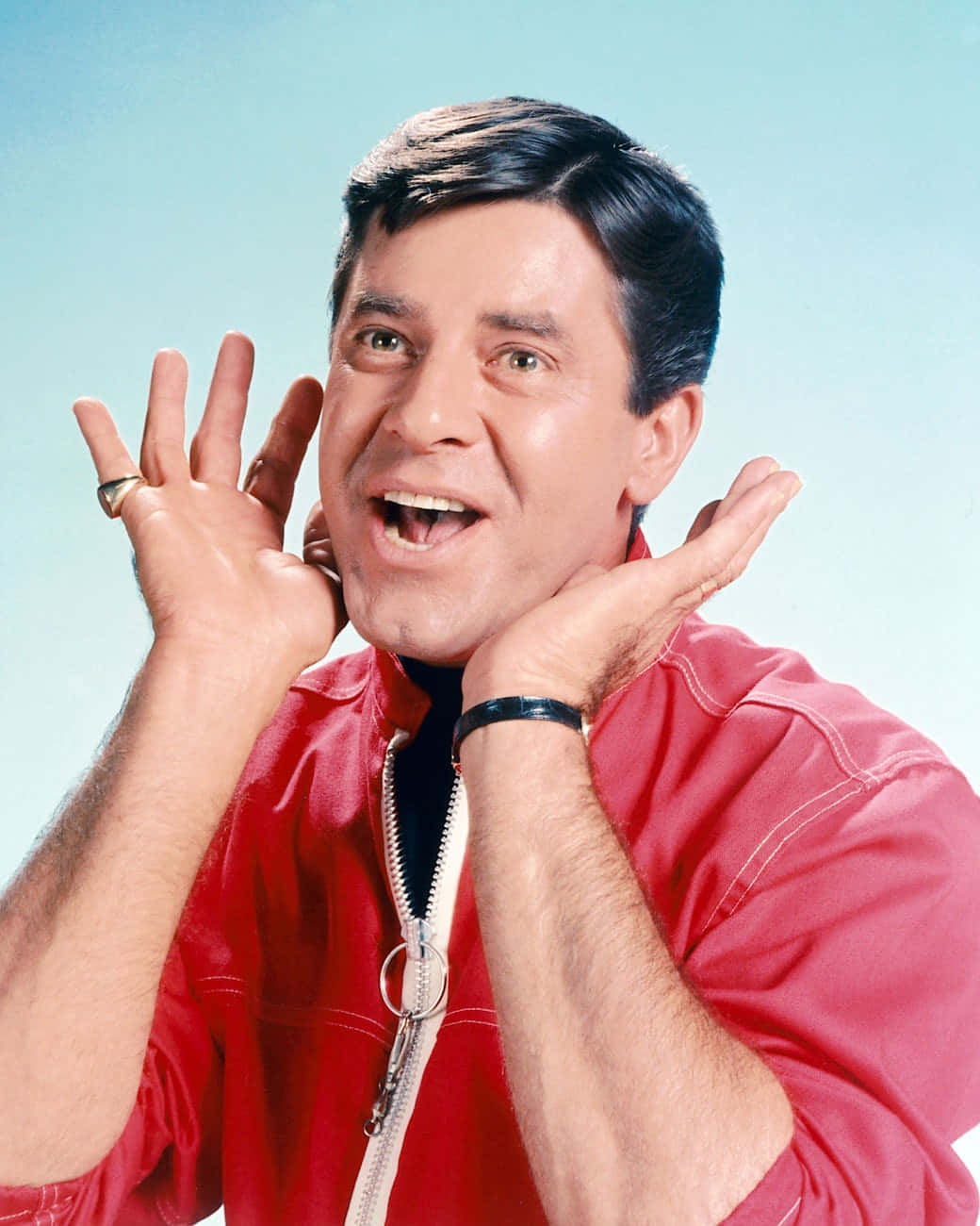 Jerry Lewis, red zip-up jacket, light blue background, HD Phone Wallpaper