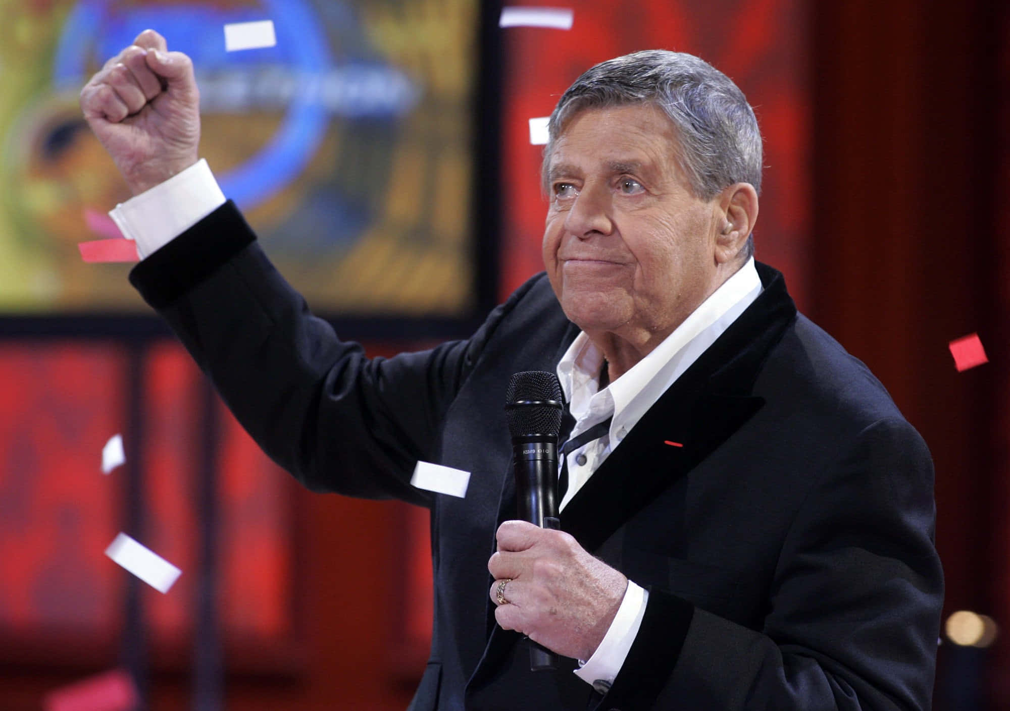 Jerry Lewis, black suit, microphone, Full HD Desktop Wallpaper