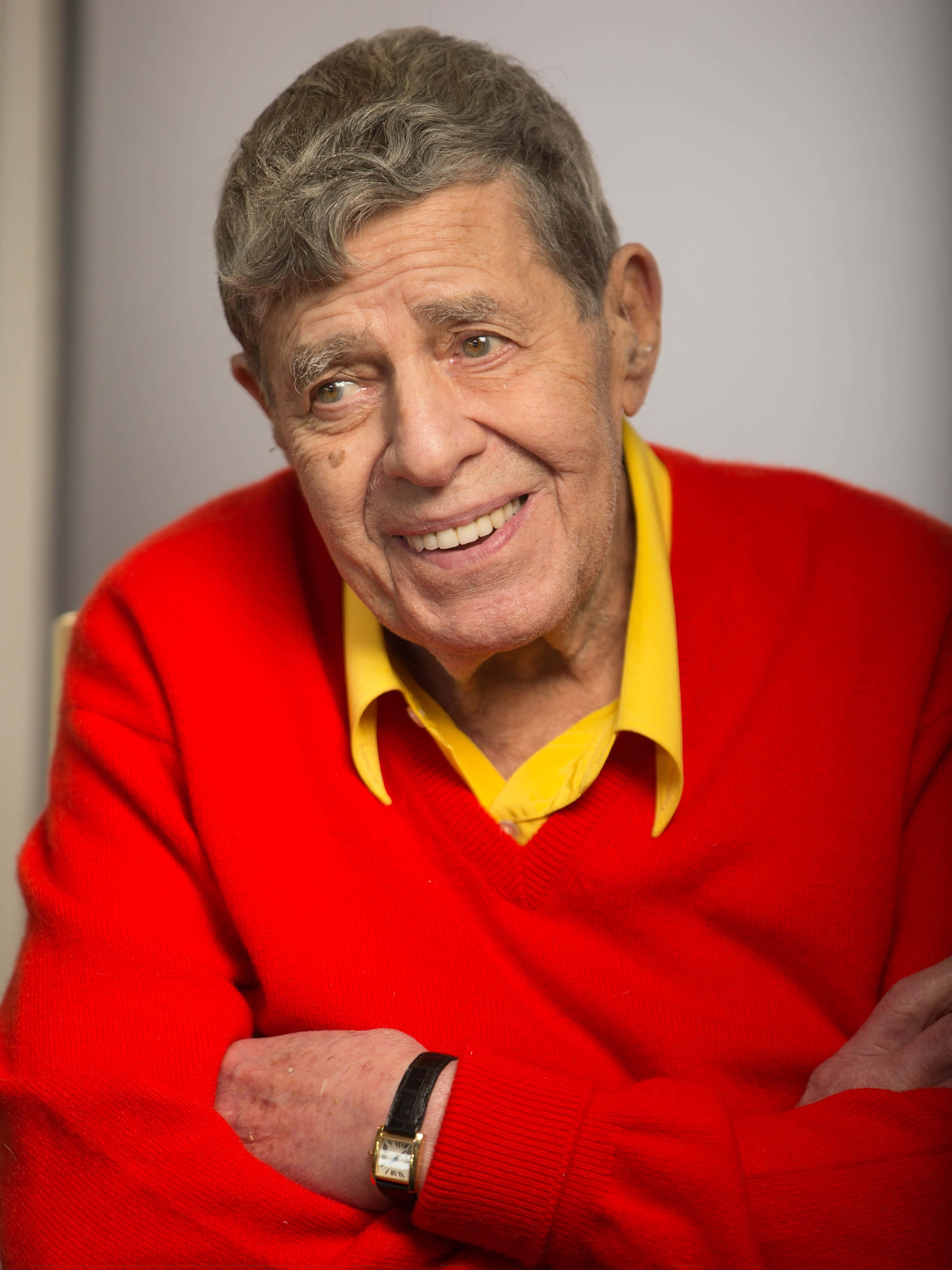 Jerry Lewis, gray hair, bright red sweater, 4K Phone Wallpaper
