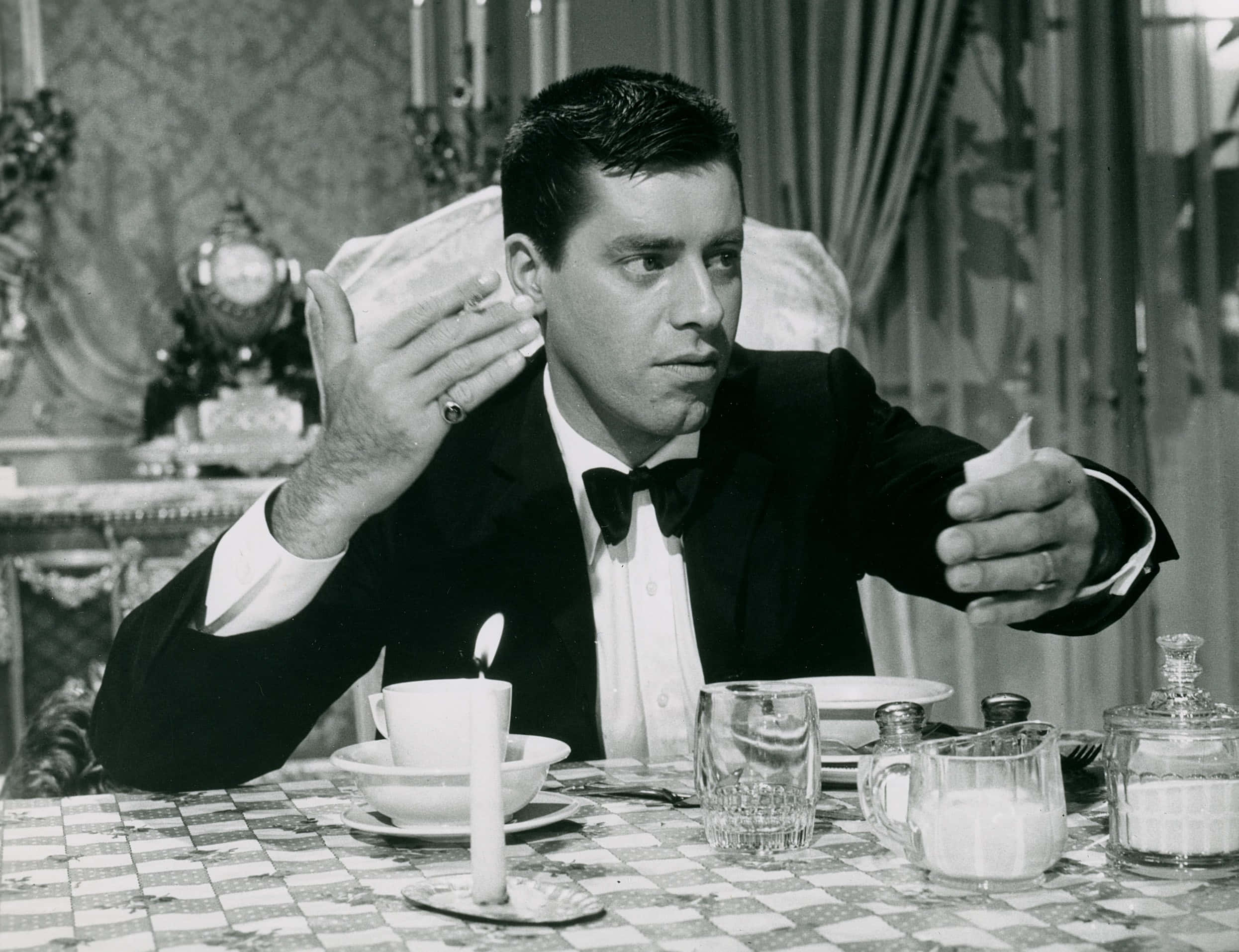 Jerry Lewis, tuxedo, checkered tablecloth, Full HD Desktop Wallpaper