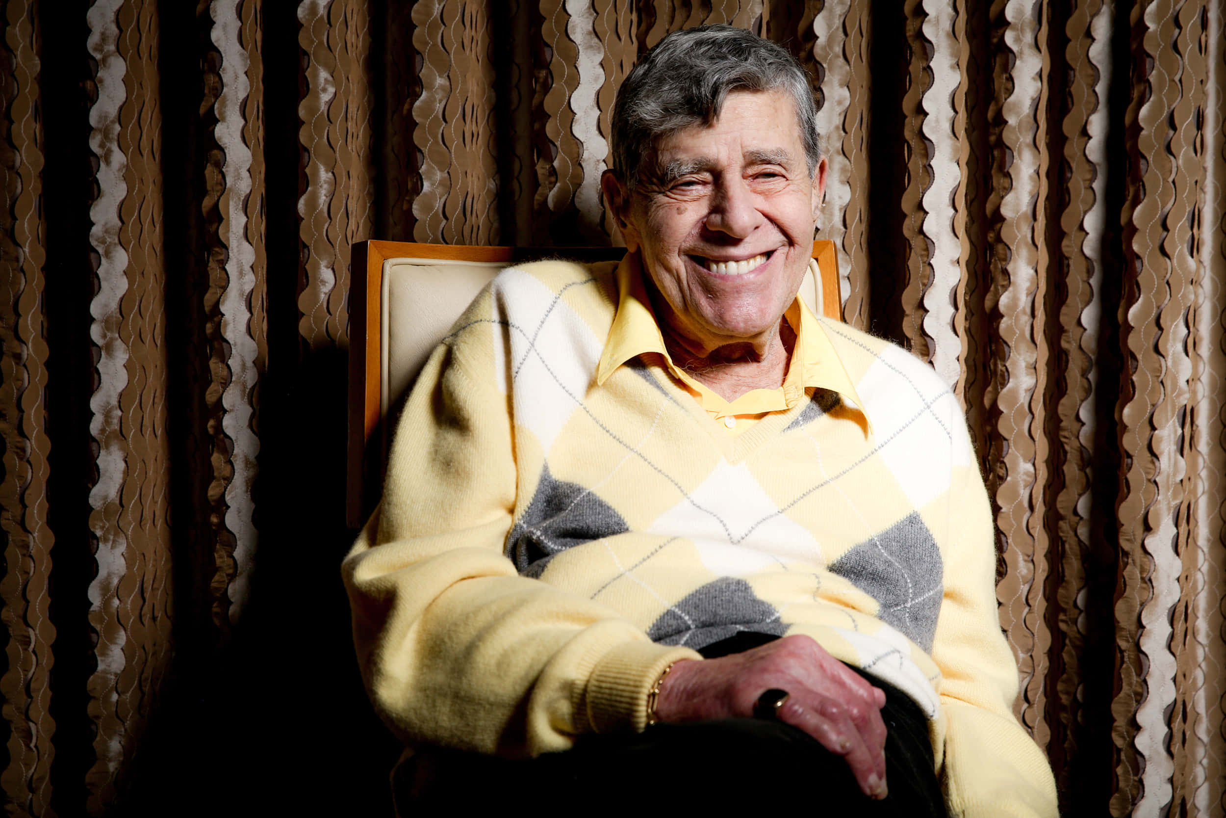 Jerry Lewis, gray hair, textured brown and cream curtain, Full HD Desktop Wallpaper