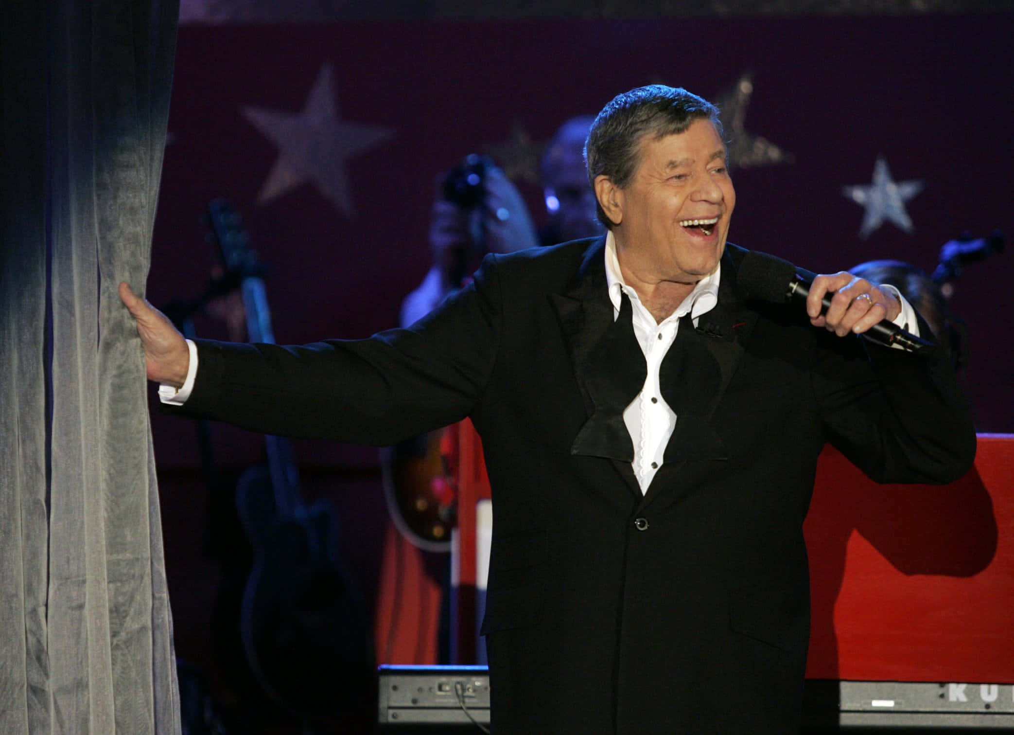 Jerry Lewis, black suit, microphone, Full HD Desktop Wallpaper