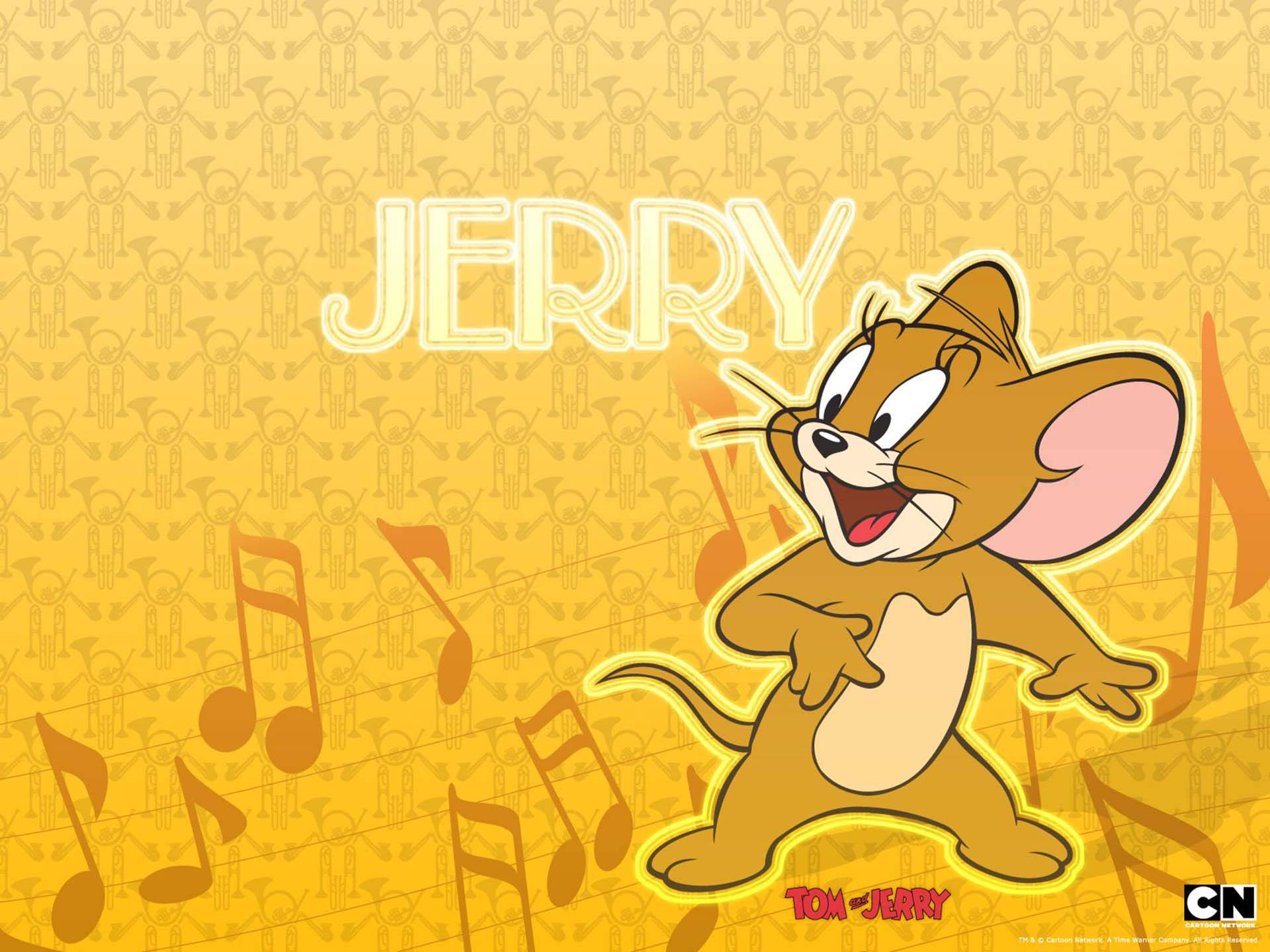 Jerry Mouse, musical notes, golden patterned background, Full HD Desktop Wallpaper