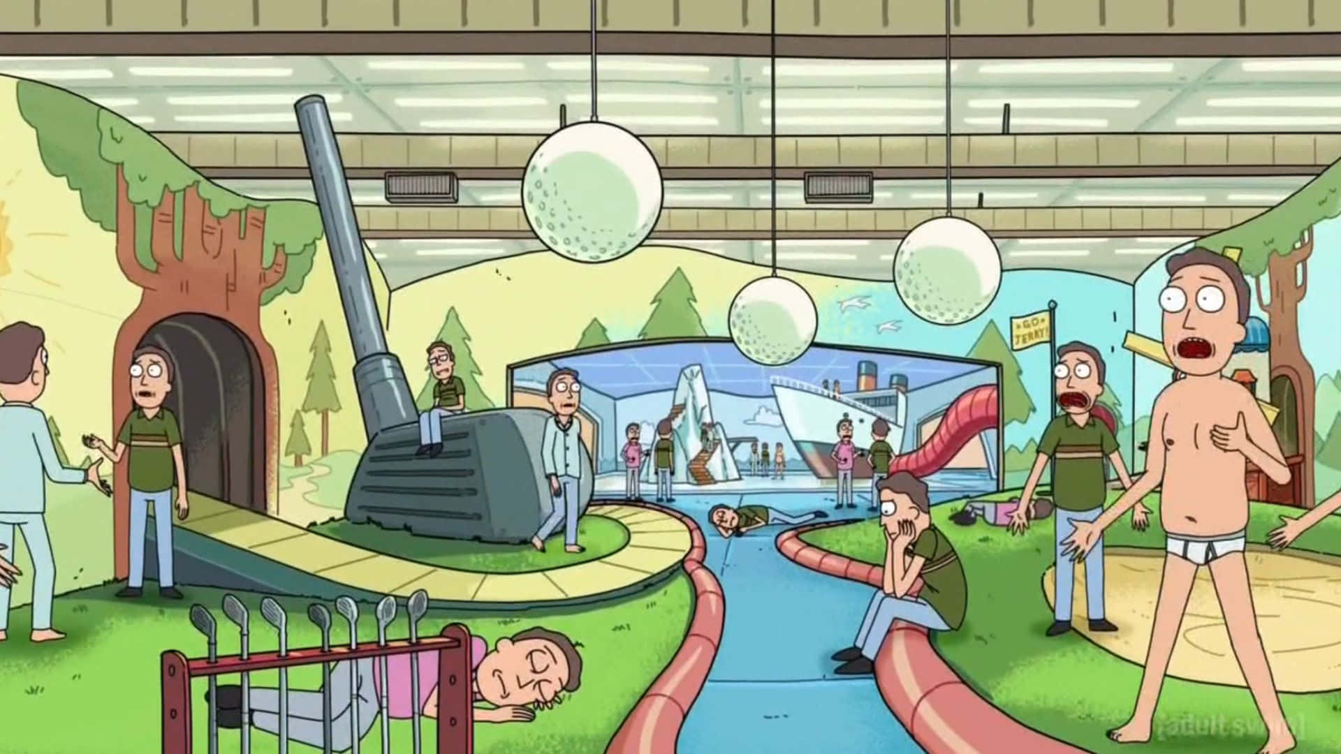 Jerryboree, surreal indoor golf course, giant golf balls, Full HD Desktop Wallpaper