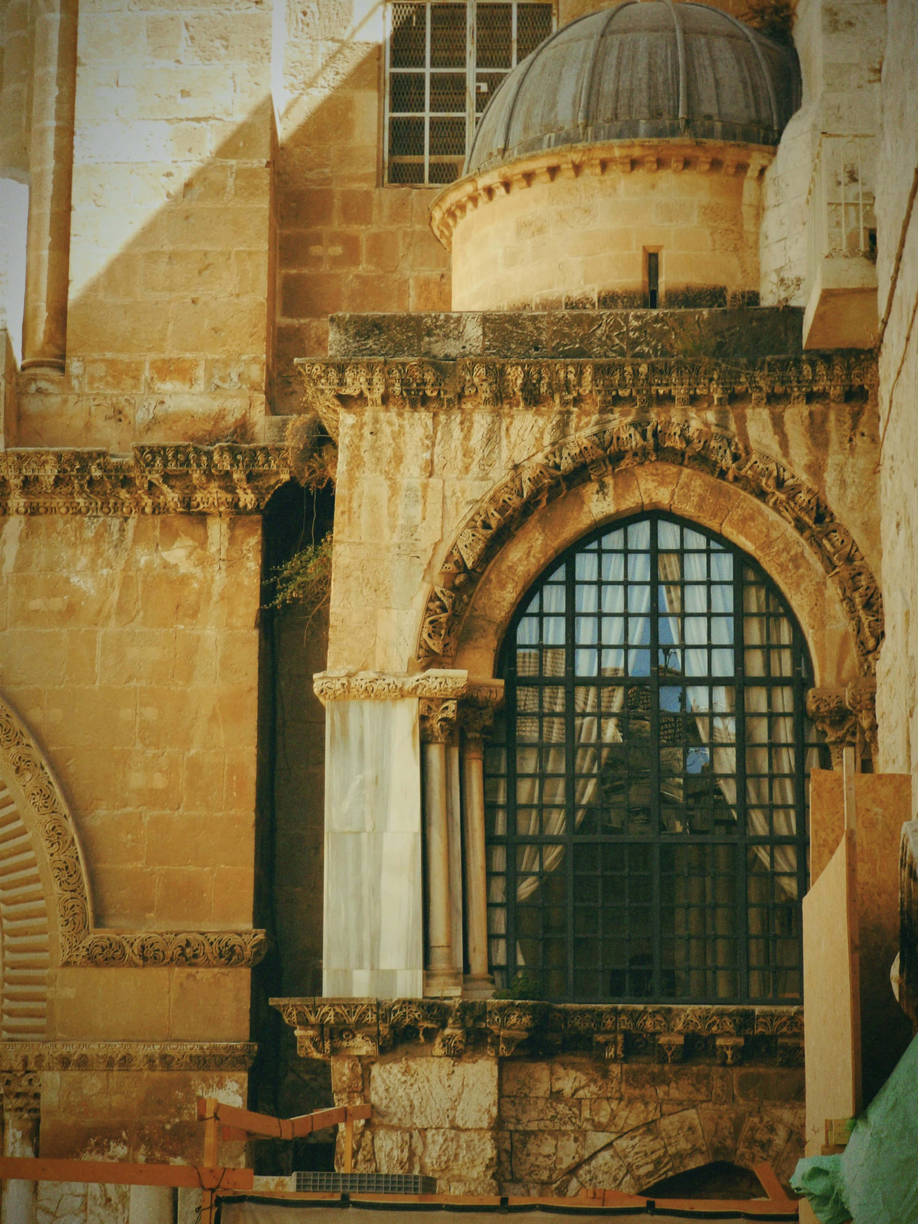 Jerusalem, ancient stone architecture, ornate arched window, 4K Phone Wallpaper