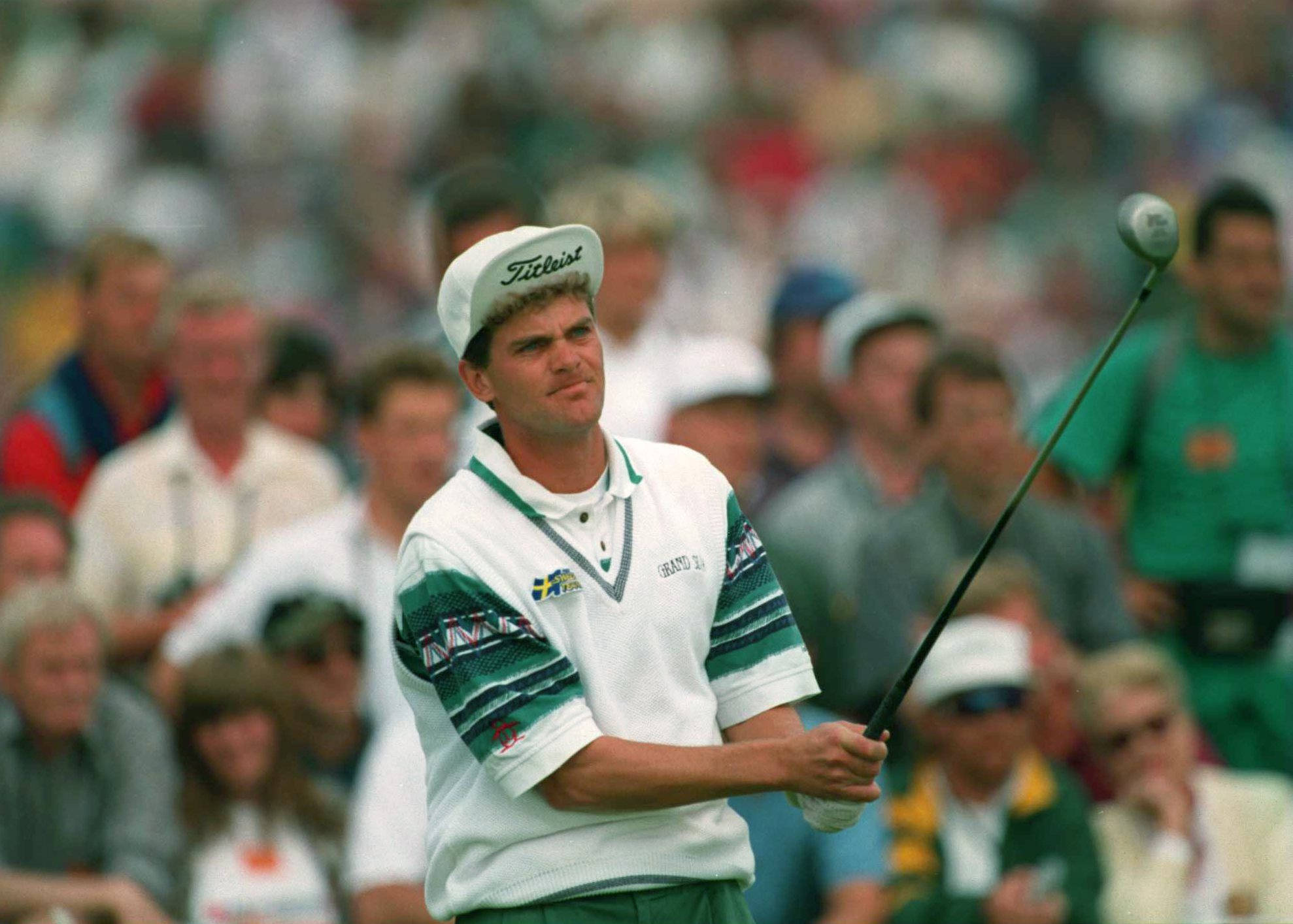 Jesper Parnevik, white and green striped shirt, golf club, Full HD Desktop Wallpaper