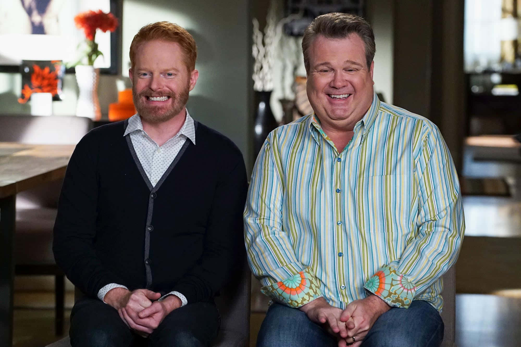 Jesse Tyler Ferguson, black cardigan, colorful striped shirt, Full HD Desktop Wallpaper