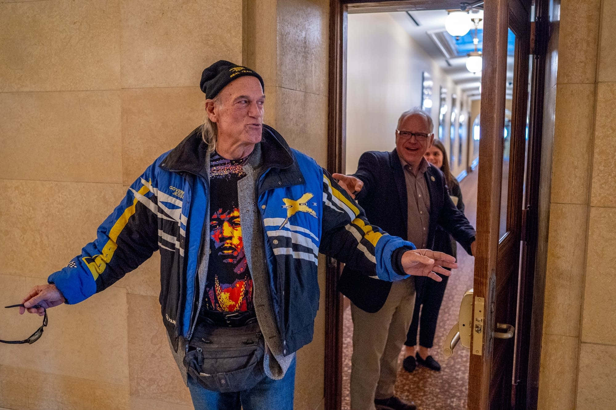 Jesse Ventura, blue jacket, colorful graphic tee, Full HD Desktop Wallpaper