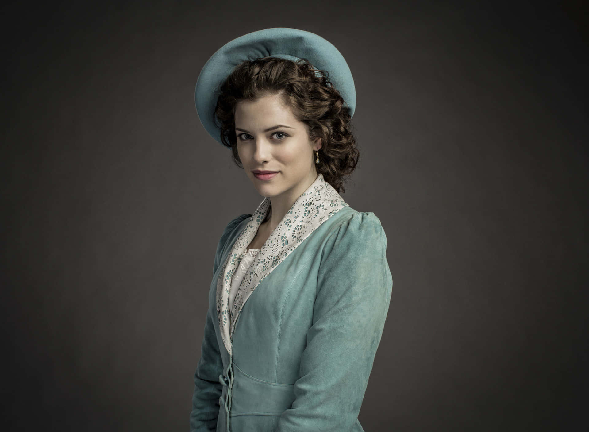 Jessica De Gouw, vintage teal attire, matching hat, Full HD Desktop Wallpaper