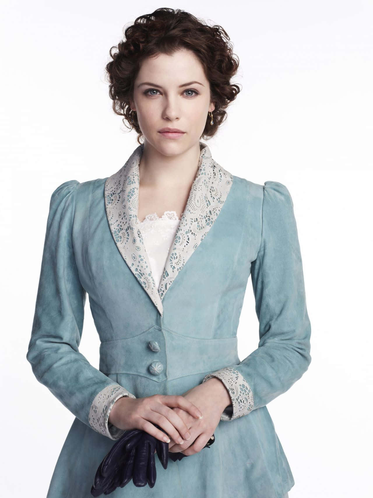 vintage light blue suede jacket, lace trim, dark gloves, HD Phone Wallpaper