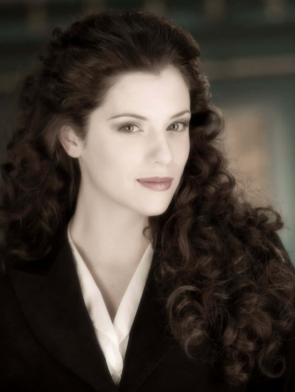Jessica De Gouw, voluminous dark curls, sepia-toned portrait, HD Phone Wallpaper