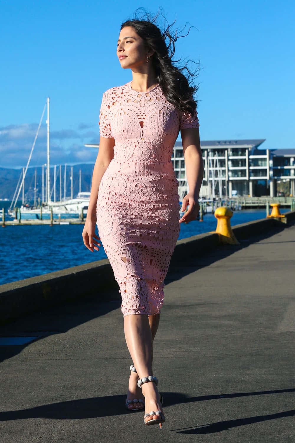 Jessica Gomes, pink lace dress, sunny waterfront pier, HD Phone Wallpaper