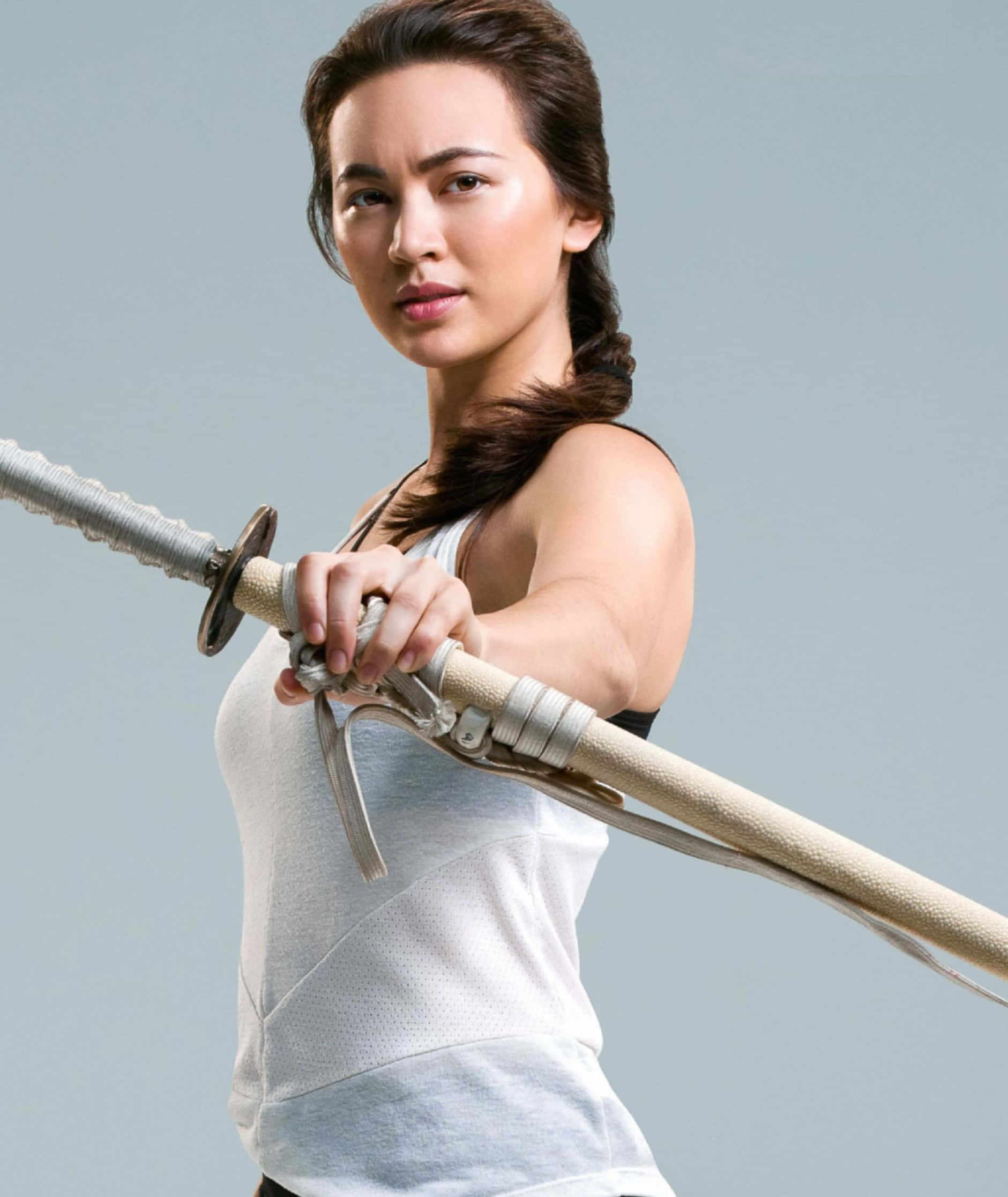 Jessica Henwick, sword stance, braided hair, Full HD Phone Wallpaper