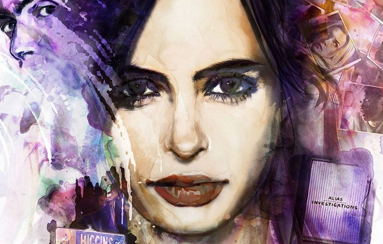 Jessica Jones, watercolor-style portrait, intense eyes, HD Desktop Wallpaper