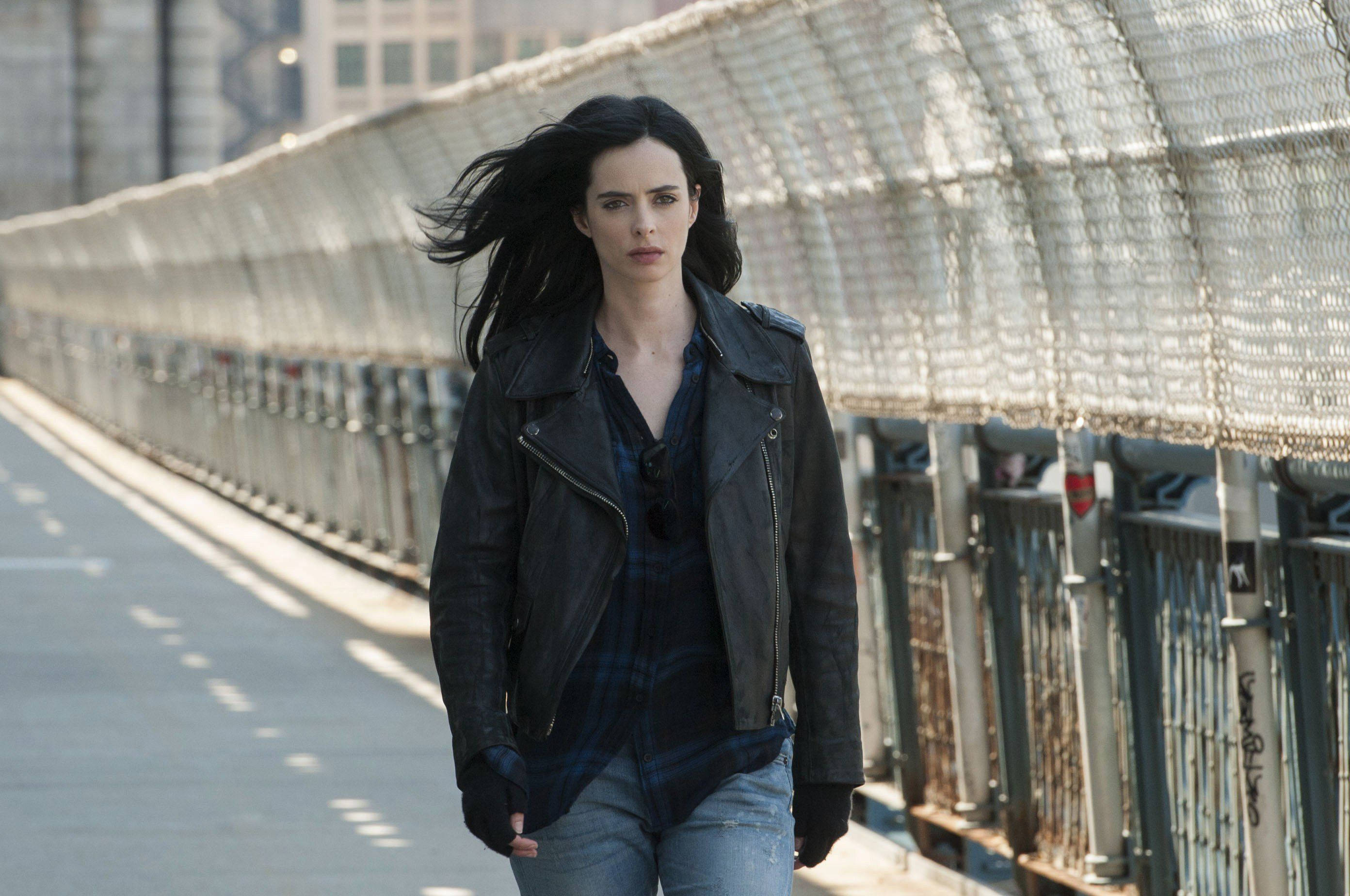 Jessica Jones, bridge, leather jacket, 2K Desktop Wallpaper