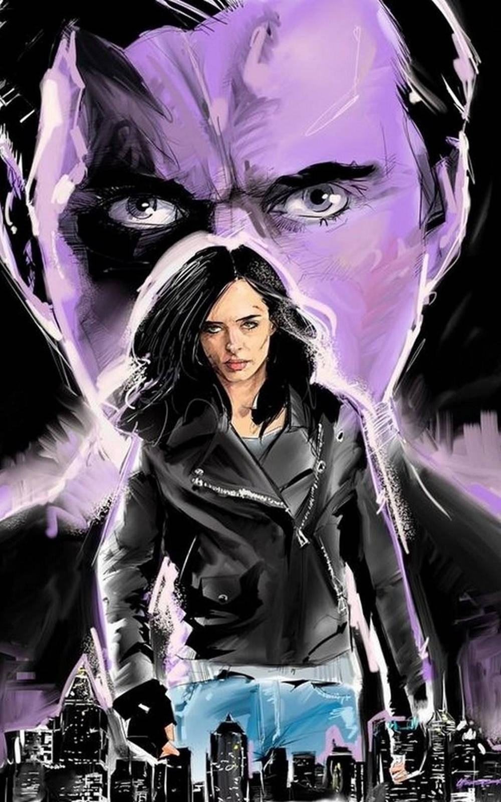 Jessica Jones, black leather jacket, purple masked figure, HD Phone Wallpaper