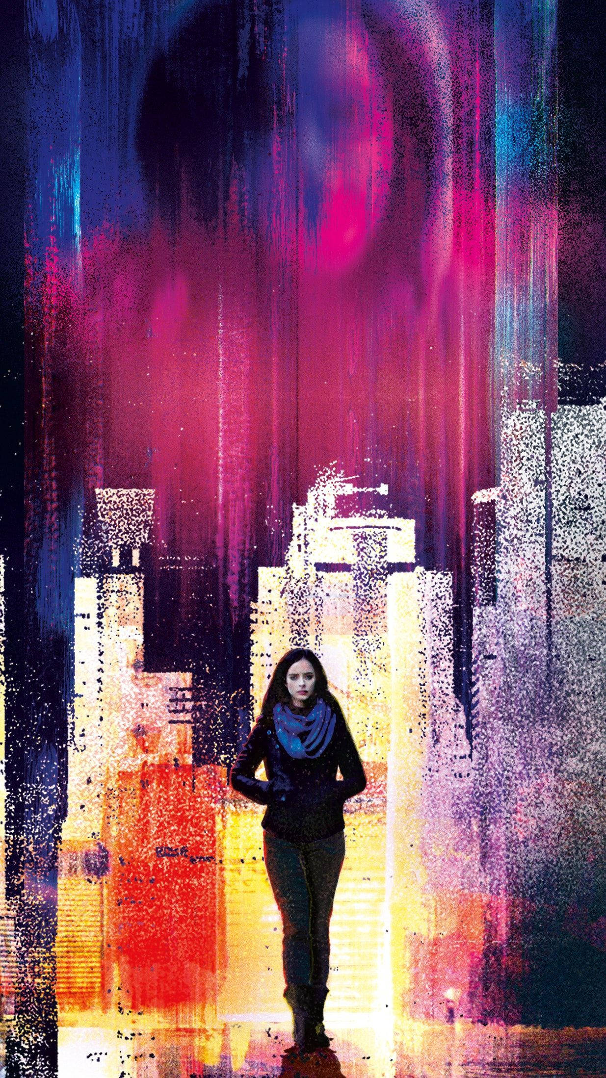 Jessica Jones, neon cityscape, vibrant pink purple and orange digital streaks, Full HD Phone Wallpaper