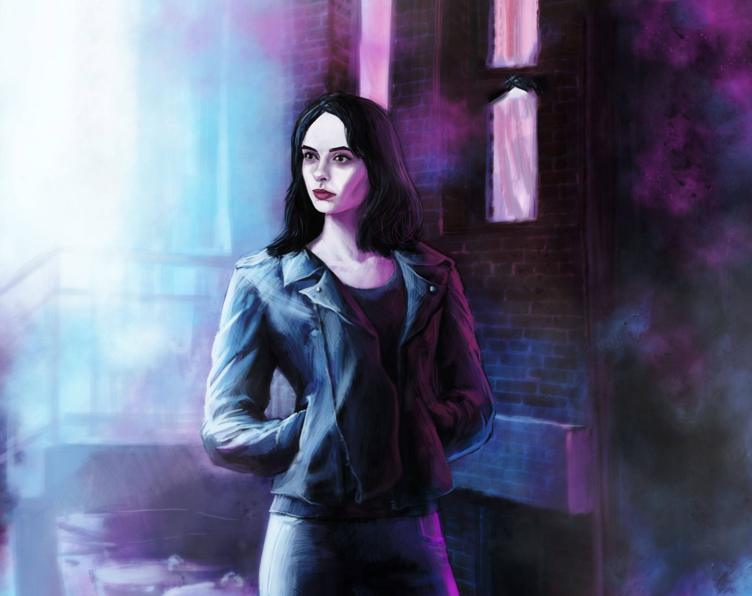 Jessica Jones, leather jacket, neon-lit alleyway, Full HD Desktop Wallpaper