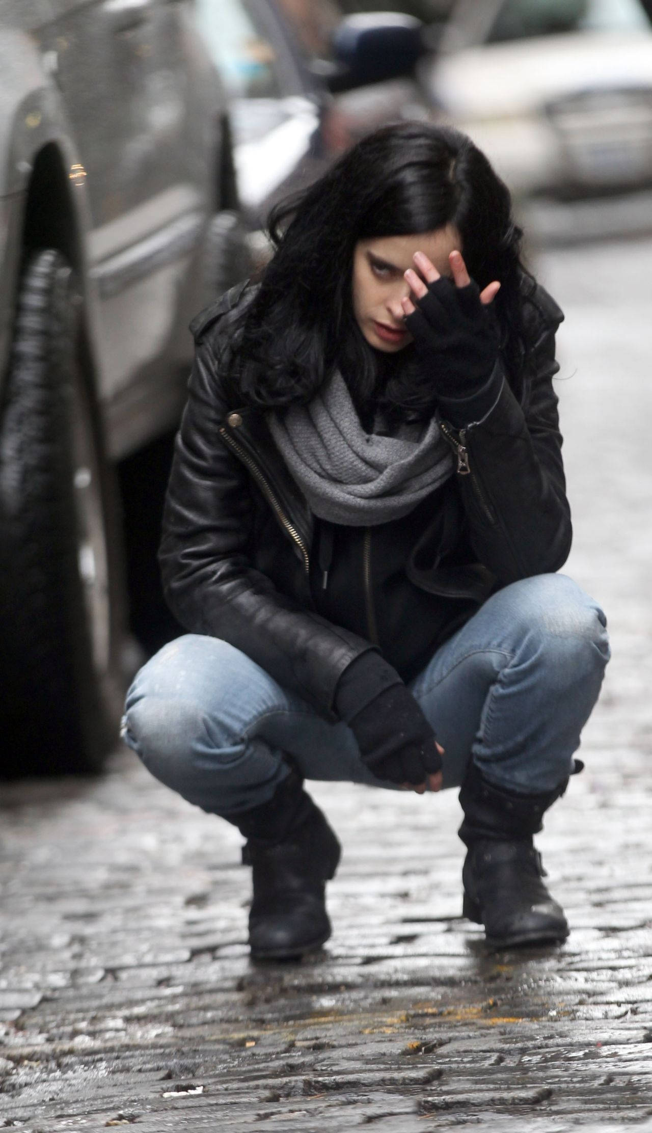 Jessica Jones, black leather jacket, scarf, Full HD Phone Wallpaper