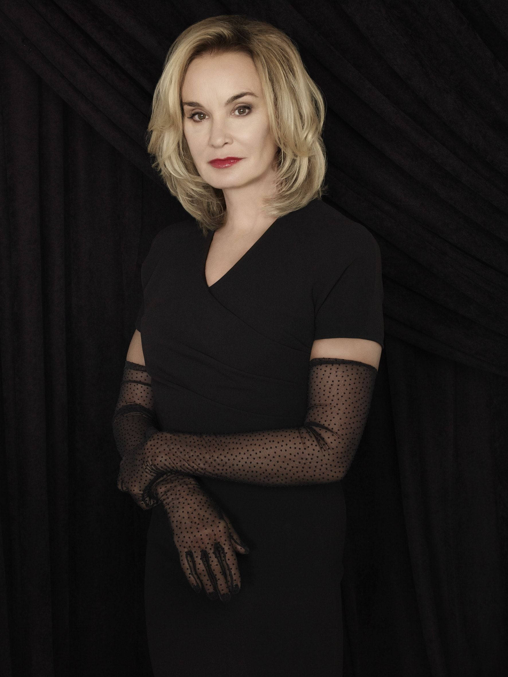 Jessica Lange, black dress, polka-dot gloves, Full HD Phone Wallpaper