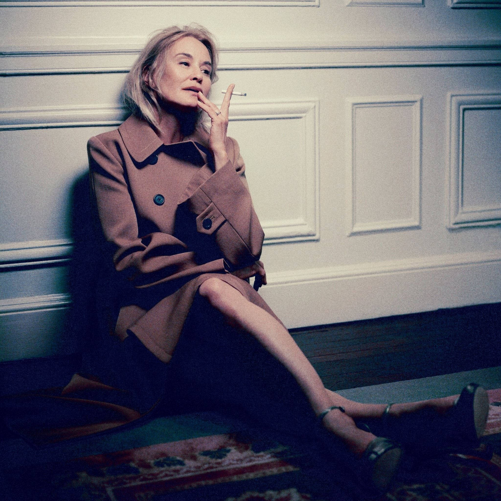 Jessica Lange, brown coat, patterned rug, Full HD Desktop Wallpaper
