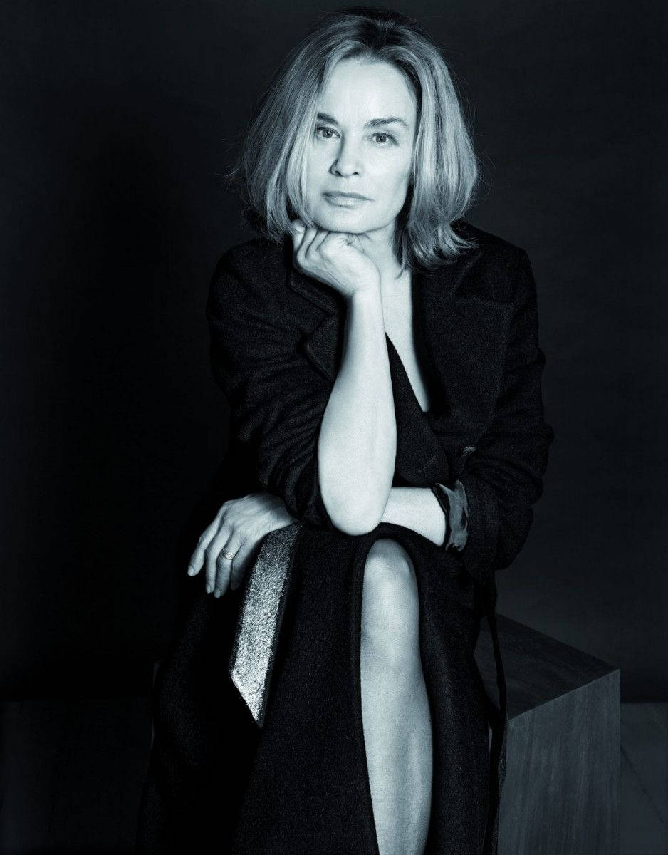 Jessica Lange, black coat, dark studio backdrop, SD Phone Wallpaper