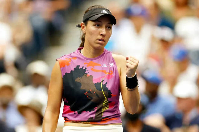 Jessica Pegula, vibrant pink and black athletic top, sunlit court, SD Desktop Wallpaper