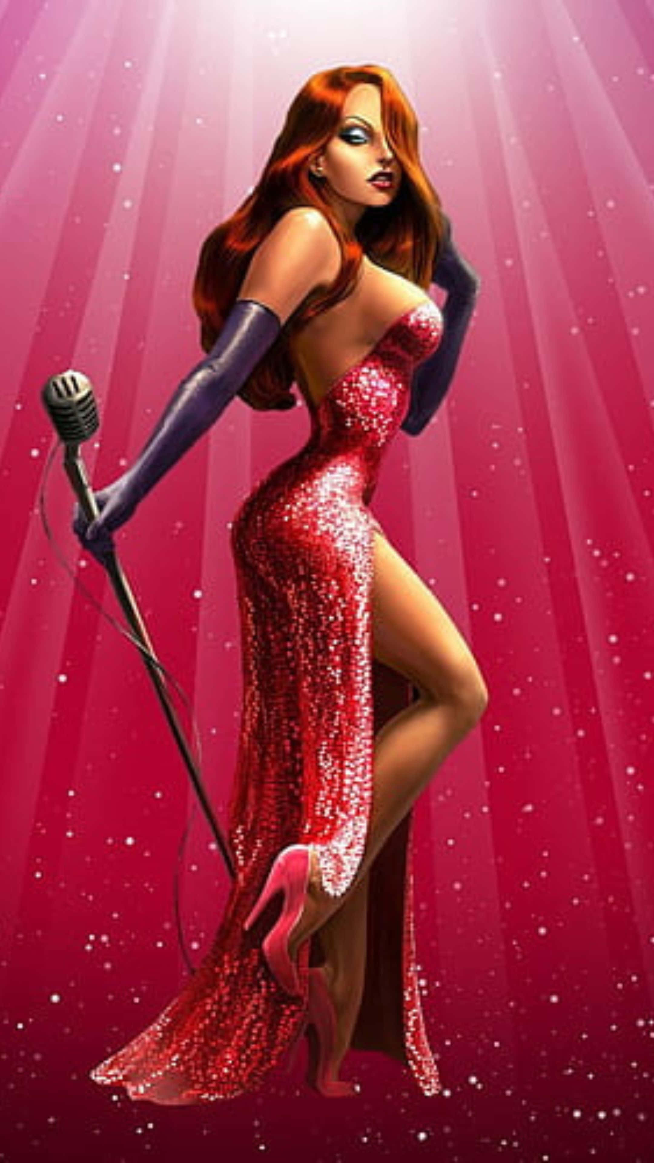 Jessica Rabbit, sparkling red gown, vintage microphone, 4K Phone Wallpaper