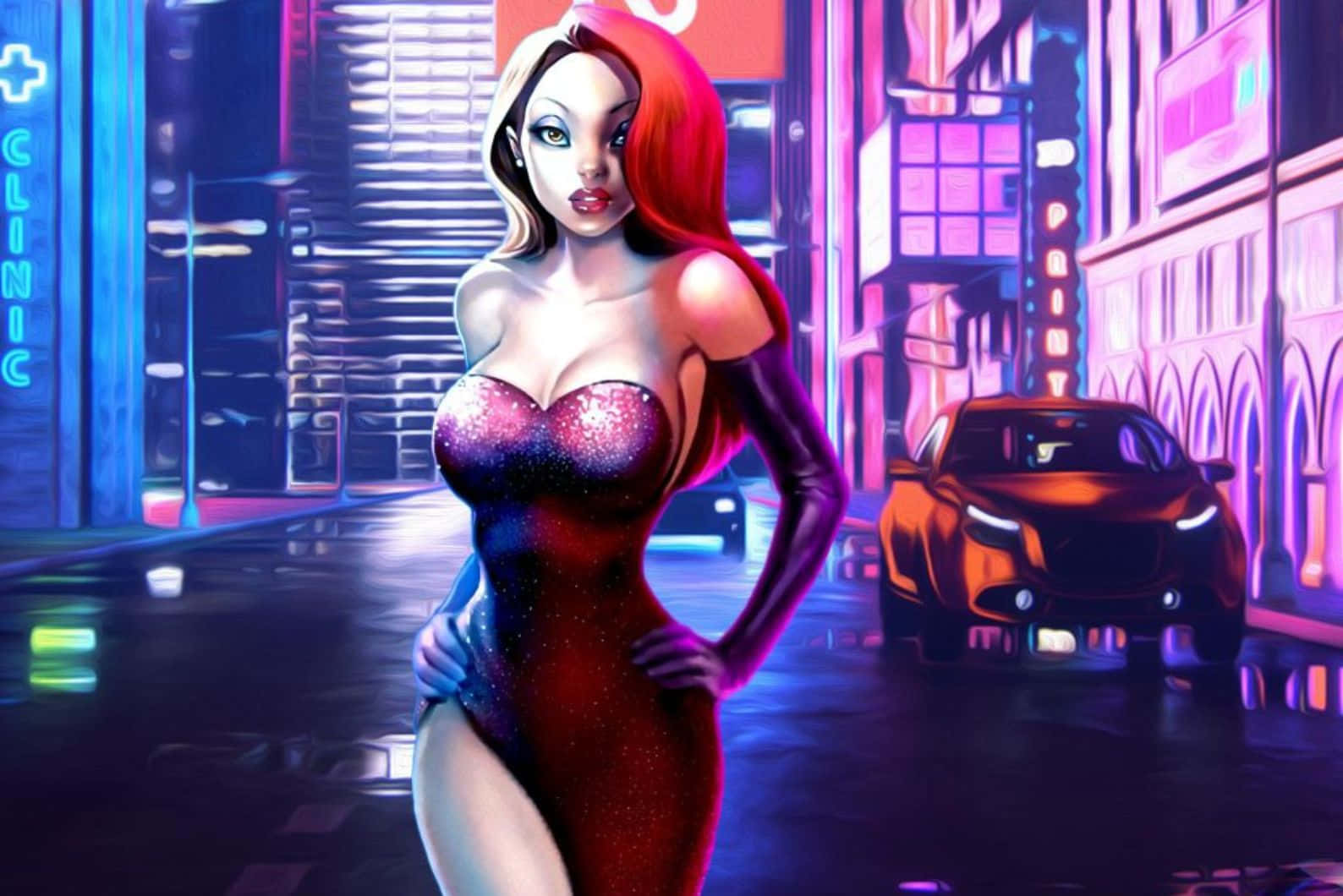 Jessica Rabbit, cyberpunk street, neon-drenched, HD Desktop Wallpaper
