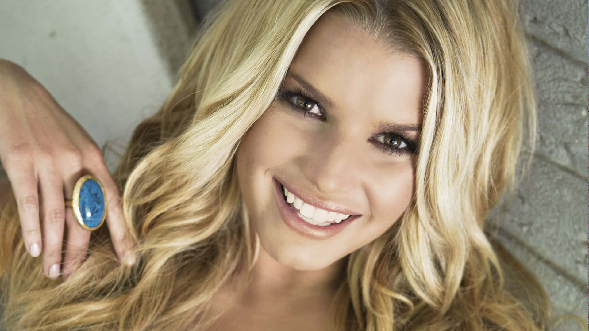 Jessica Simpson, blue ring, textured wall, Full HD Desktop Wallpaper