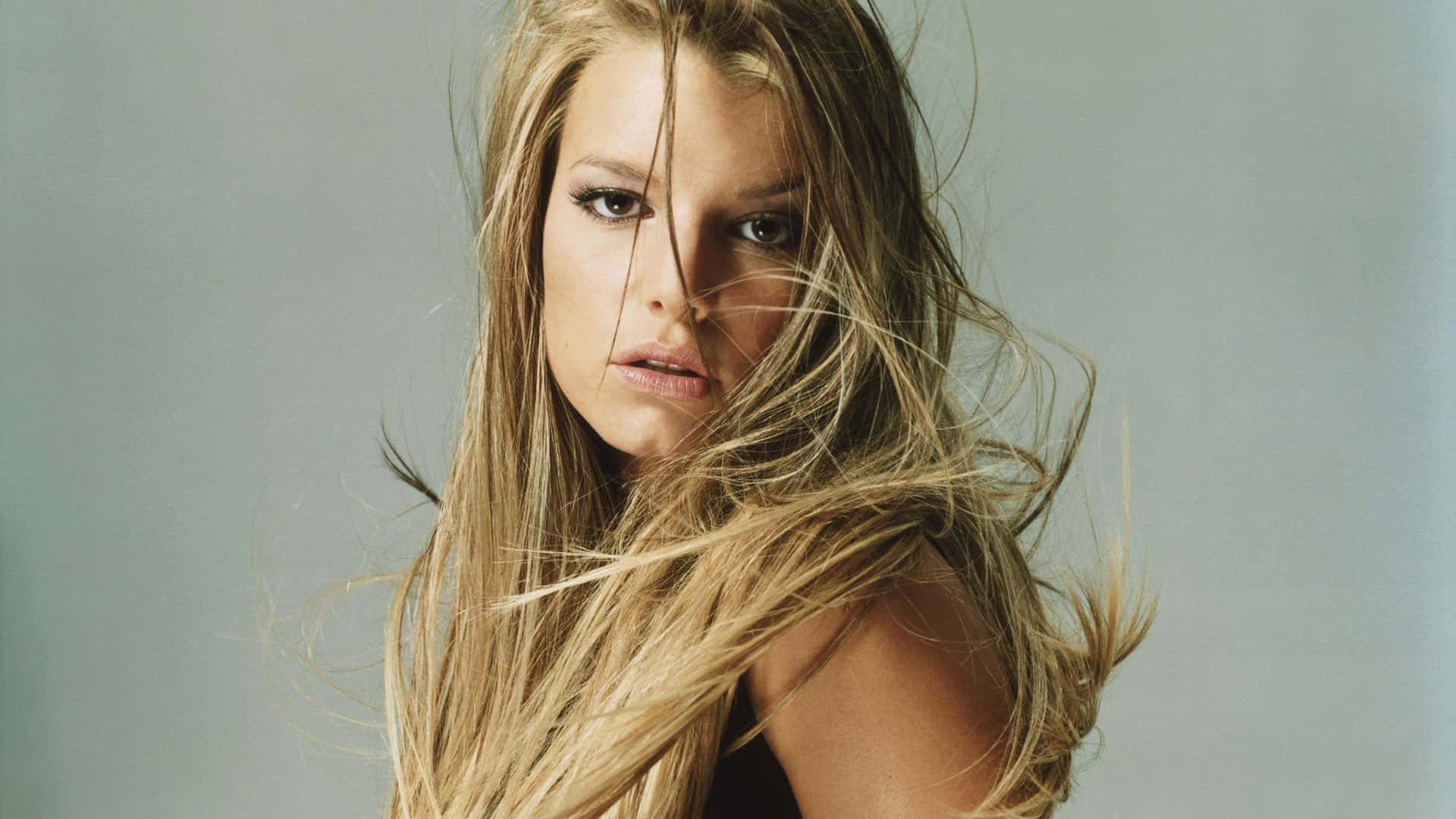 Jessica Simpson, black dress, windswept blonde hair, Full HD Desktop Wallpaper