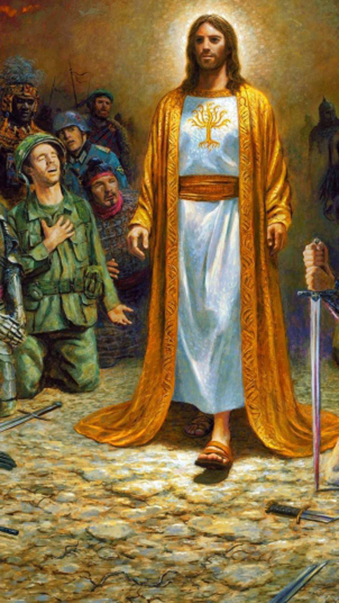 Jesus, golden robe, kneeling soldiers, Full HD Phone Wallpaper