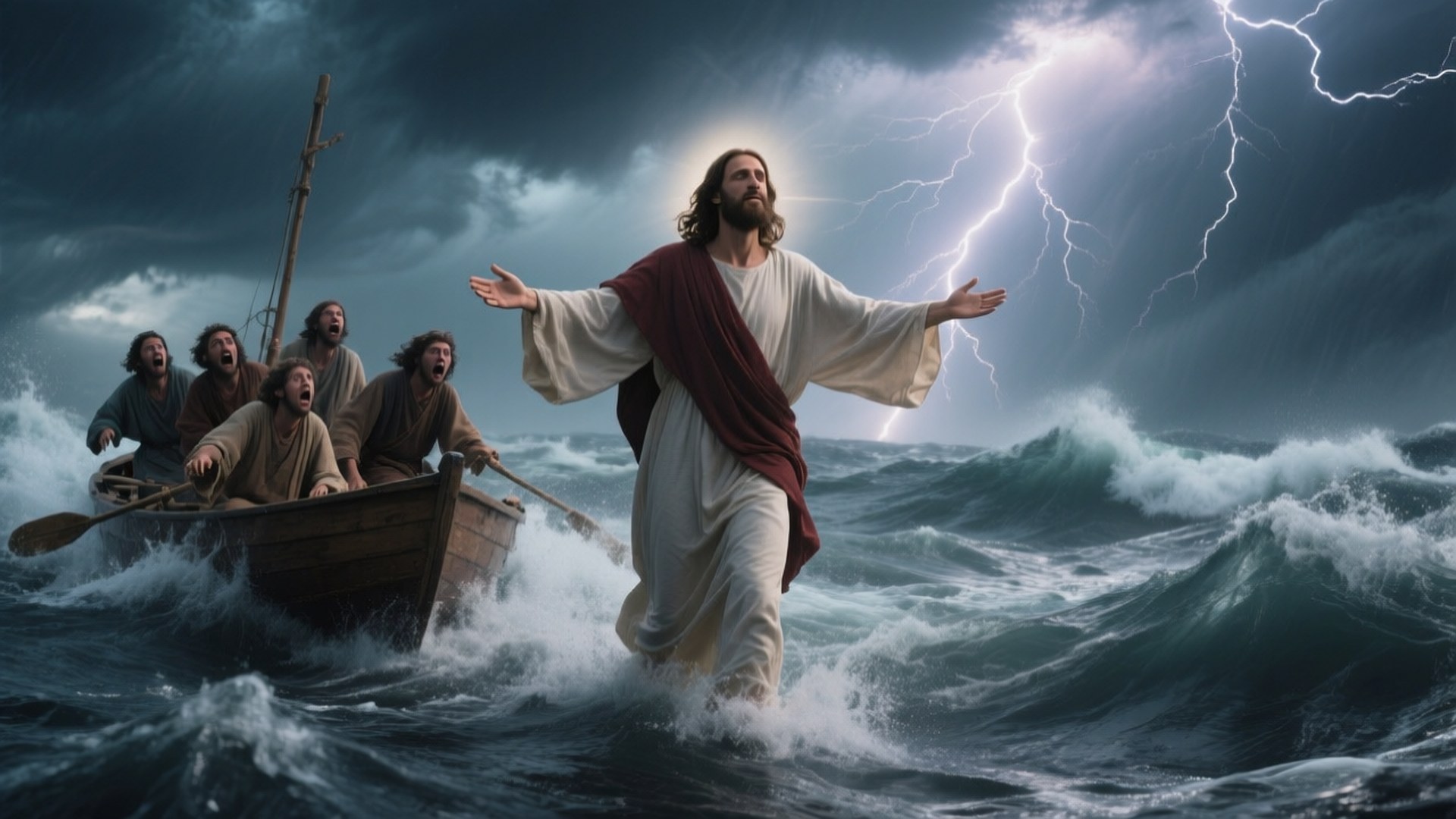Jesus, stormy ocean waves, lightning strikes, Full HD Desktop Wallpaper