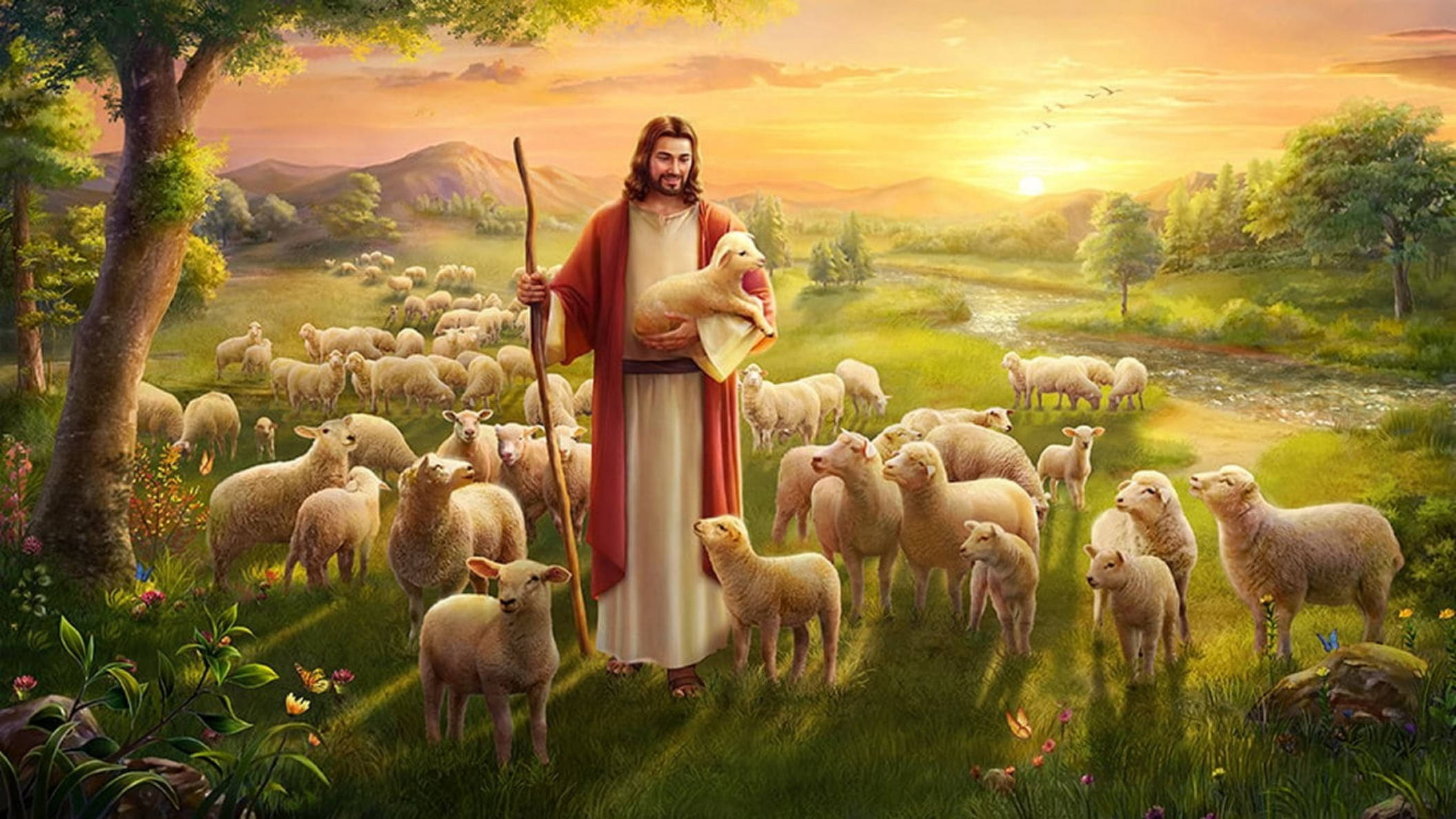 Jesus, lamb, pastoral field, Full HD Desktop Wallpaper