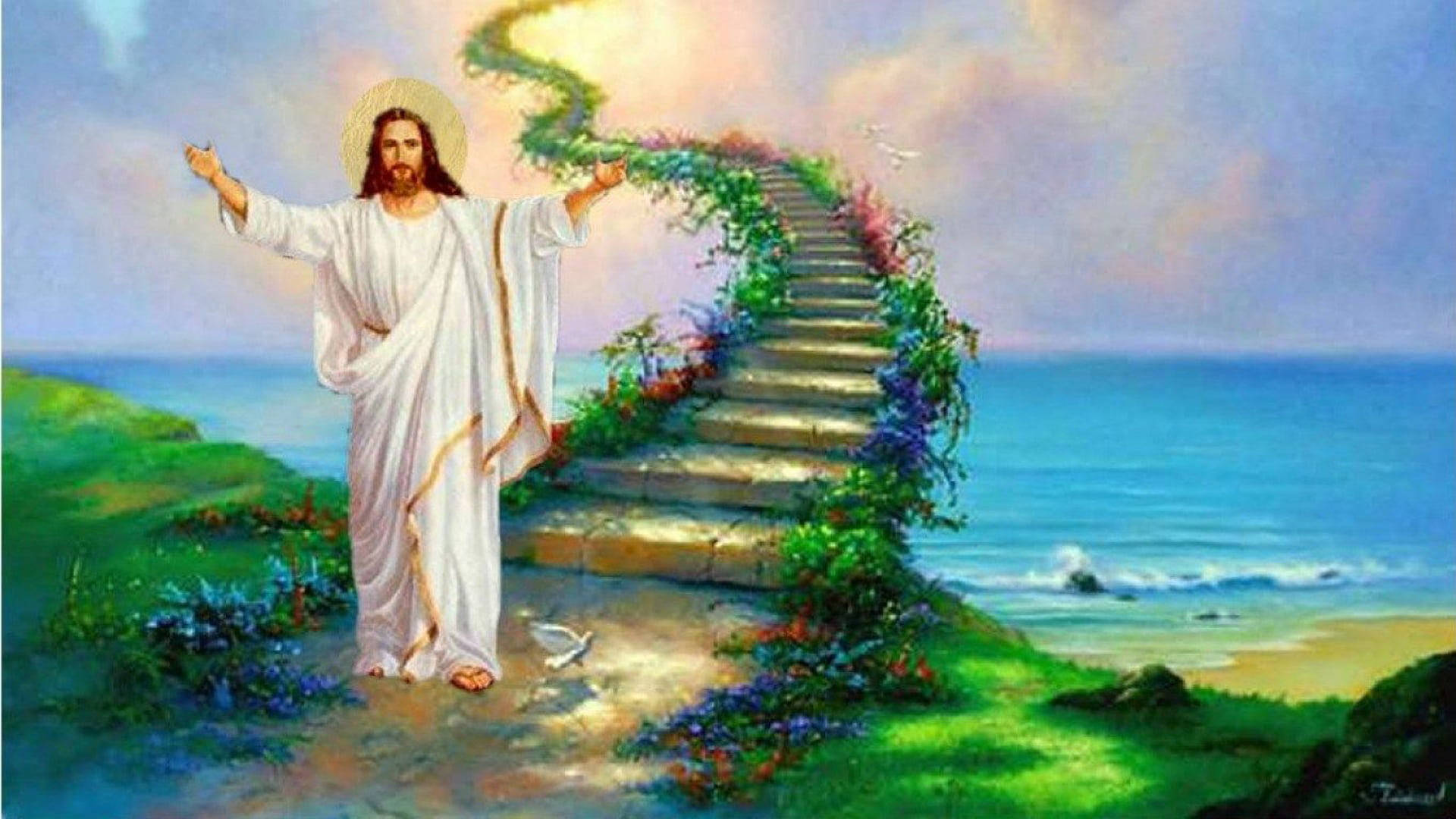stairs to heaven, Jesus Christ, white robes, Full HD Desktop Wallpaper