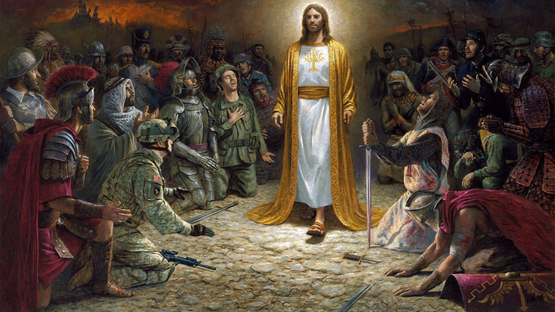 Jesus Christ, golden robe, kneeling soldiers, Full HD Desktop Wallpaper