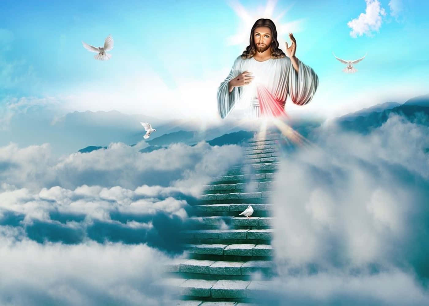 Jesus Christ, stone staircase, clouds, HD Desktop Wallpaper