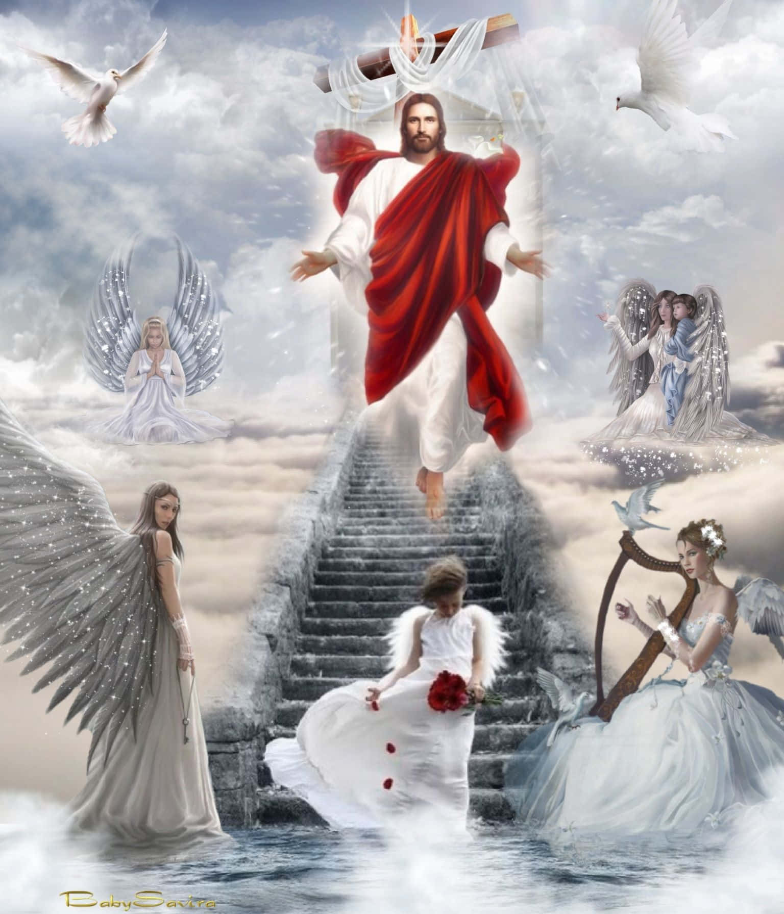 Jesus Christ, heaven, angels, HD Phone Wallpaper