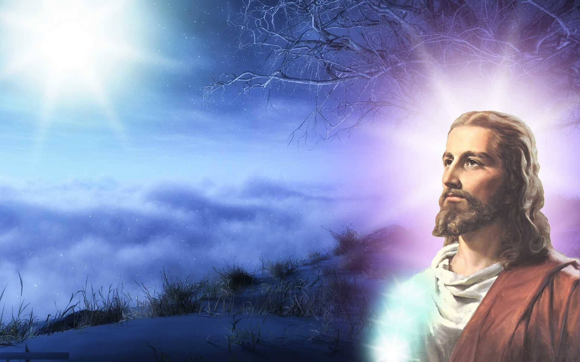 Jesus Christ, glowing aura, snowy hill, Full HD Desktop Wallpaper