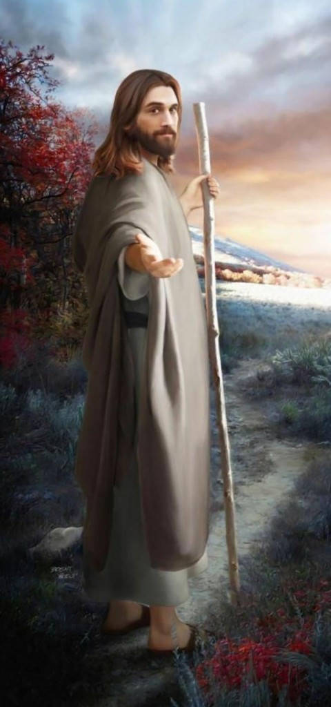 Jesus Christ, grey robe, staff, SD Phone Wallpaper