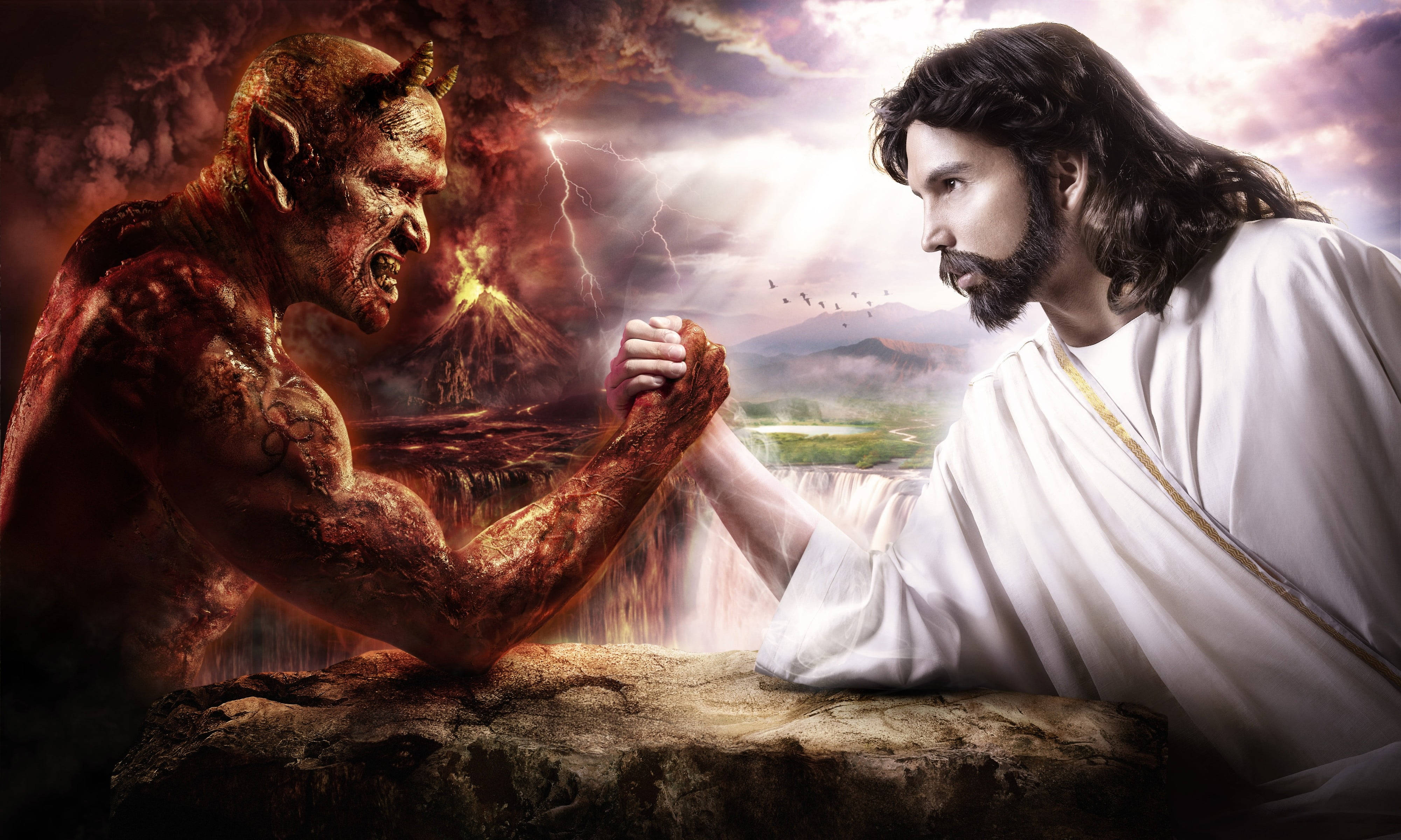 Jesus Christ, the Devil, rocky cliff, 4K Desktop Wallpaper