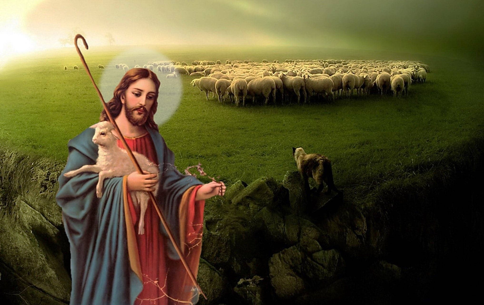 Jesus Christ, lamb, staff, Full HD Desktop Wallpaper