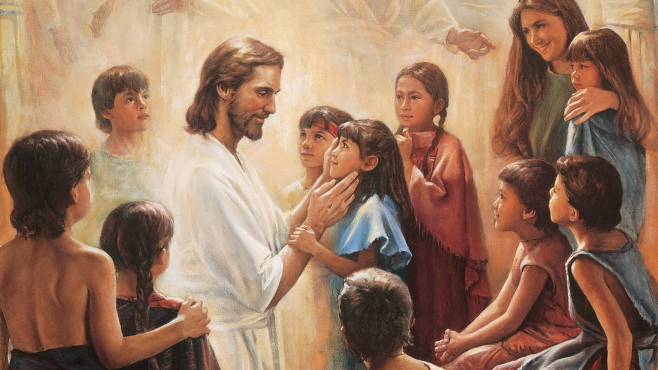 Jesus, child, group of children and adults, Full HD Desktop Wallpaper