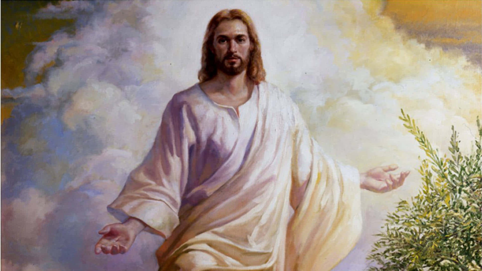 Jesus Christ, white robe, glowing clouds, Full HD Desktop Wallpaper