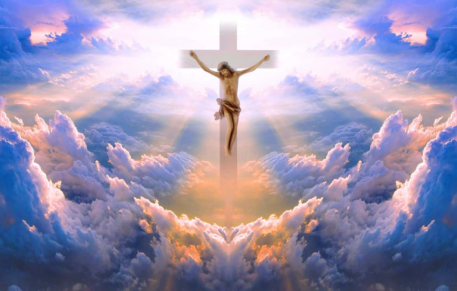 Jesus Christ, glowing cross, radiant clouds, HD Desktop Wallpaper