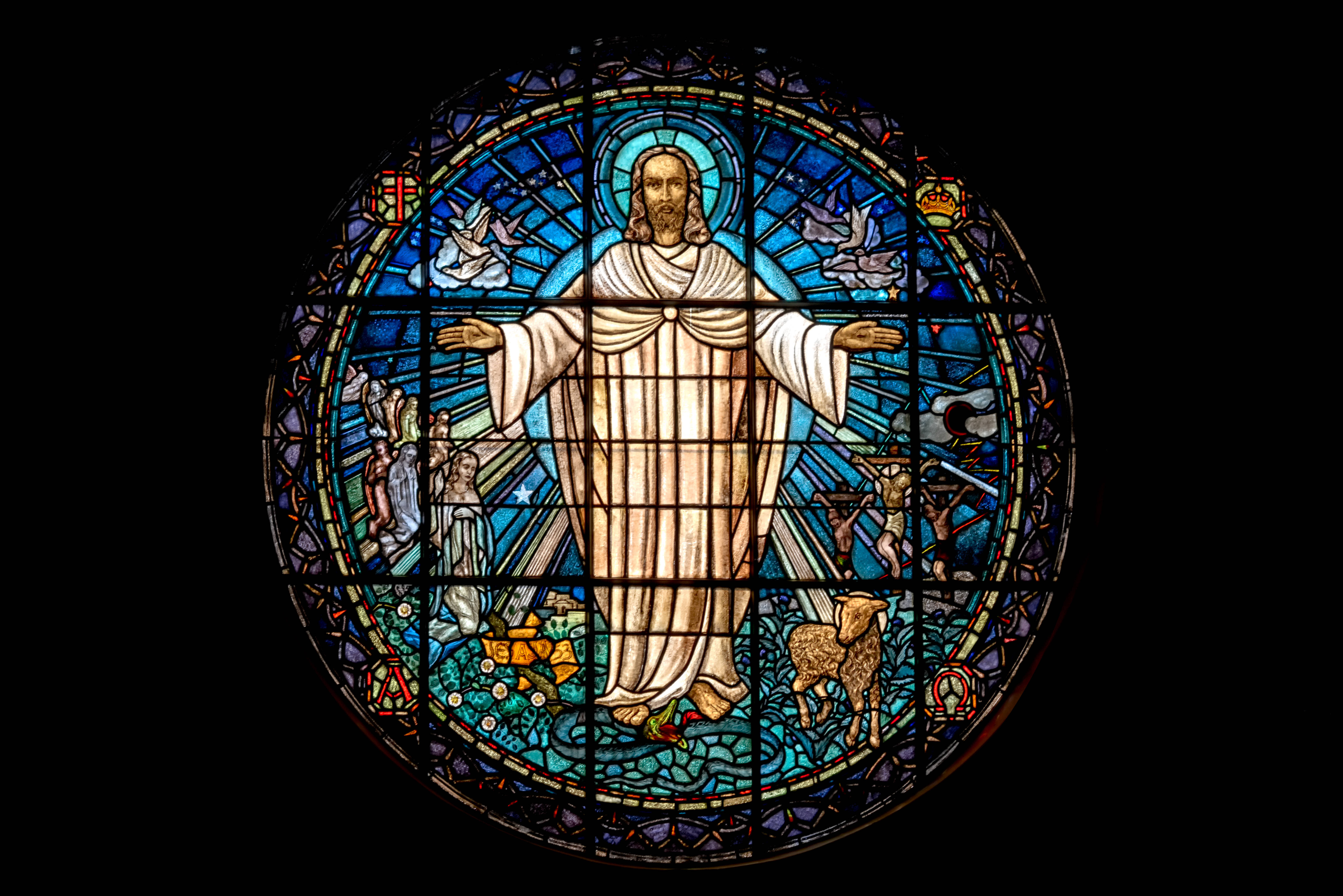 Jesus Christ, stained glass window, circular, 5K Desktop Wallpaper